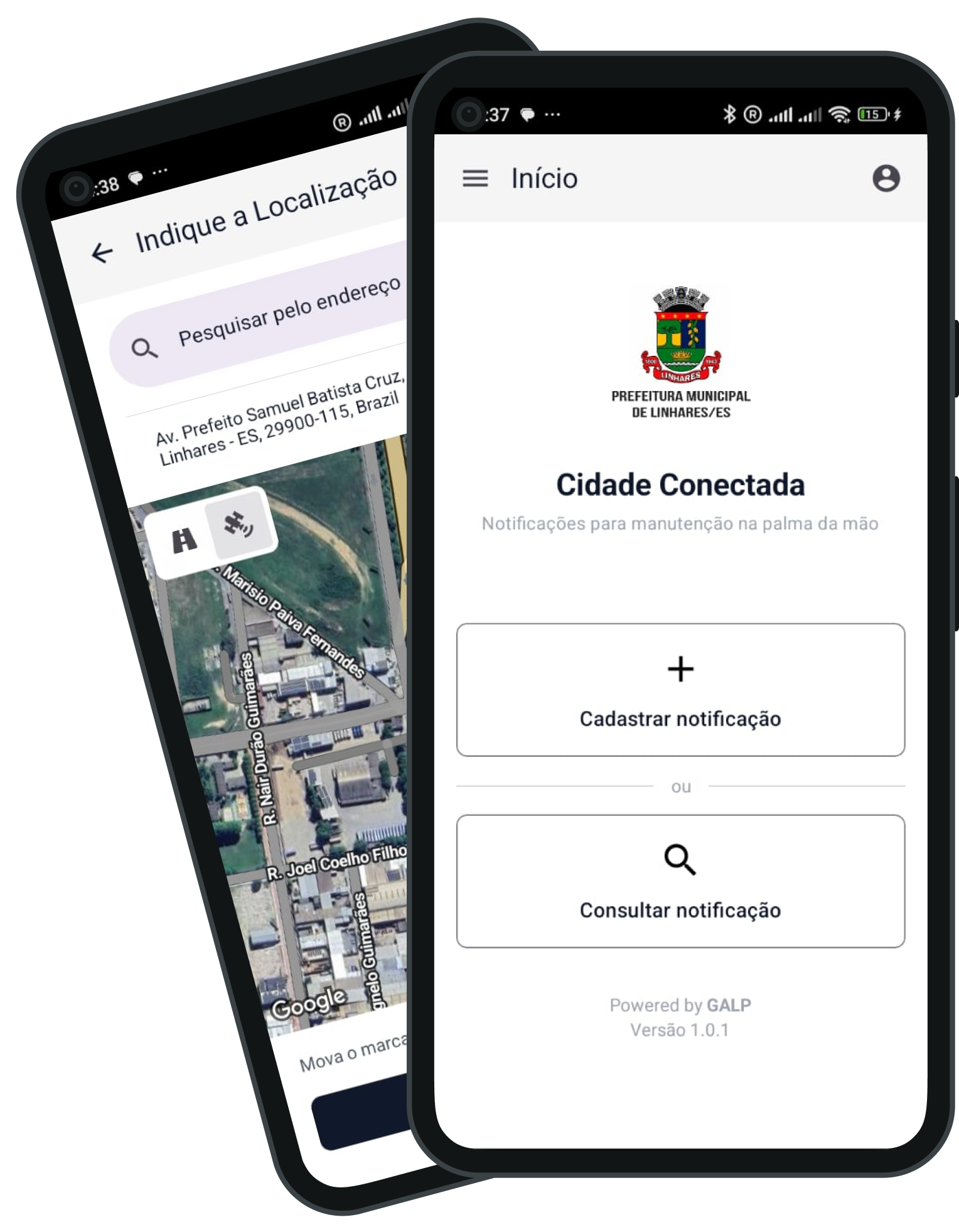 Telas do Cidade Conectada+ em dois celulares
